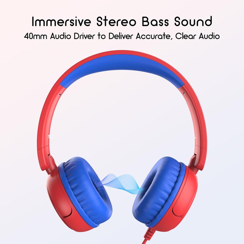 IMYB Kids Headphones Wired, Stereo Foldable Tangle-Free 3.5mm Jack Adjustable On-Ear Headphones for Kids/Toddlers/Children/Teens/Boys/Girls/School/Ipad/Tablet/Kindle/Phones/Travel/Plane (Red) - Image 3